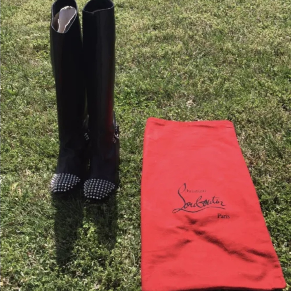 Christian louboutin Black Leather Round Toe Studded Spike Riding Boots Size 39.5